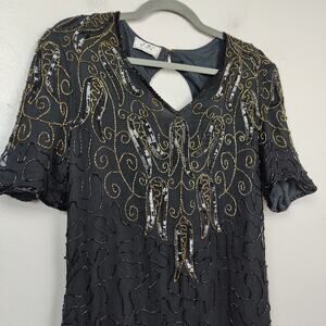 Vintage JMC Beaded Silk Dress‎ Womens Medium Black Gold Floral Embellished Shift